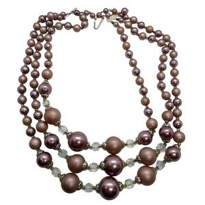 Vintage Japan Triple Strand Faux Pearl Necklace Mauve Rose Graduated Beaded